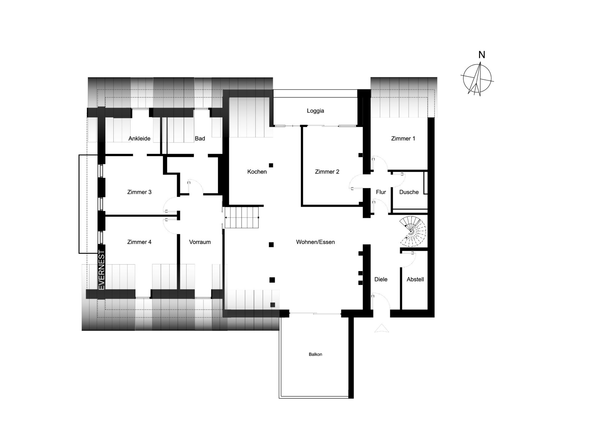 Grundriss einer Wohnung mit vier Zimmern, Küche, Bad, Loggia, Balkon und Abstellraum.