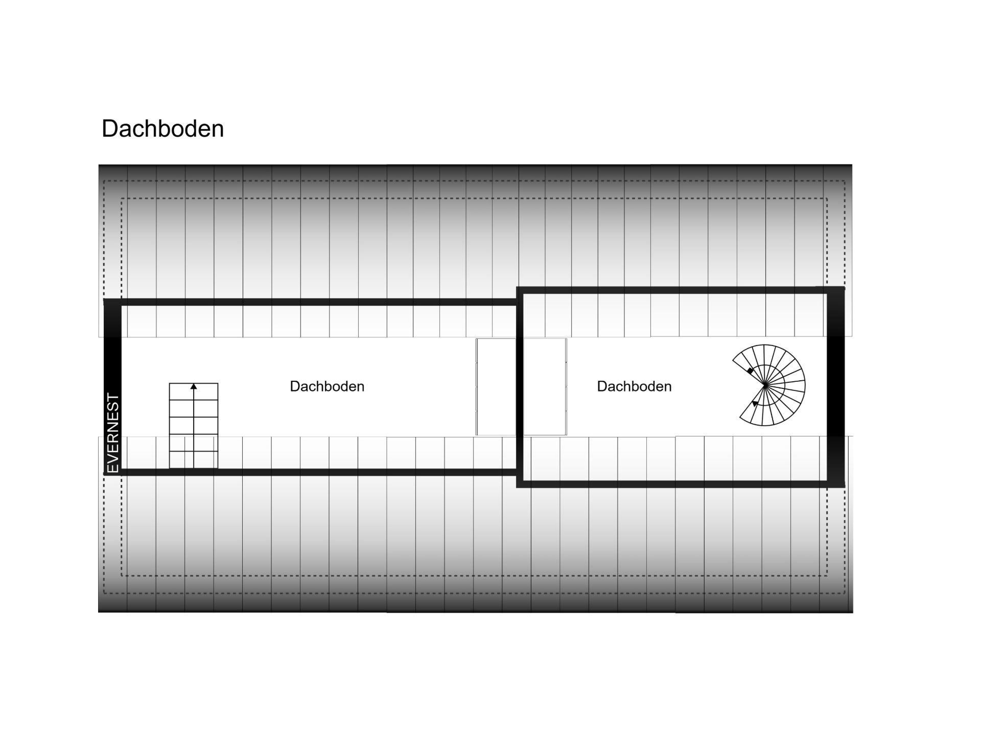 Grundriss eines Dachbodens mit gerader und runder Treppe.