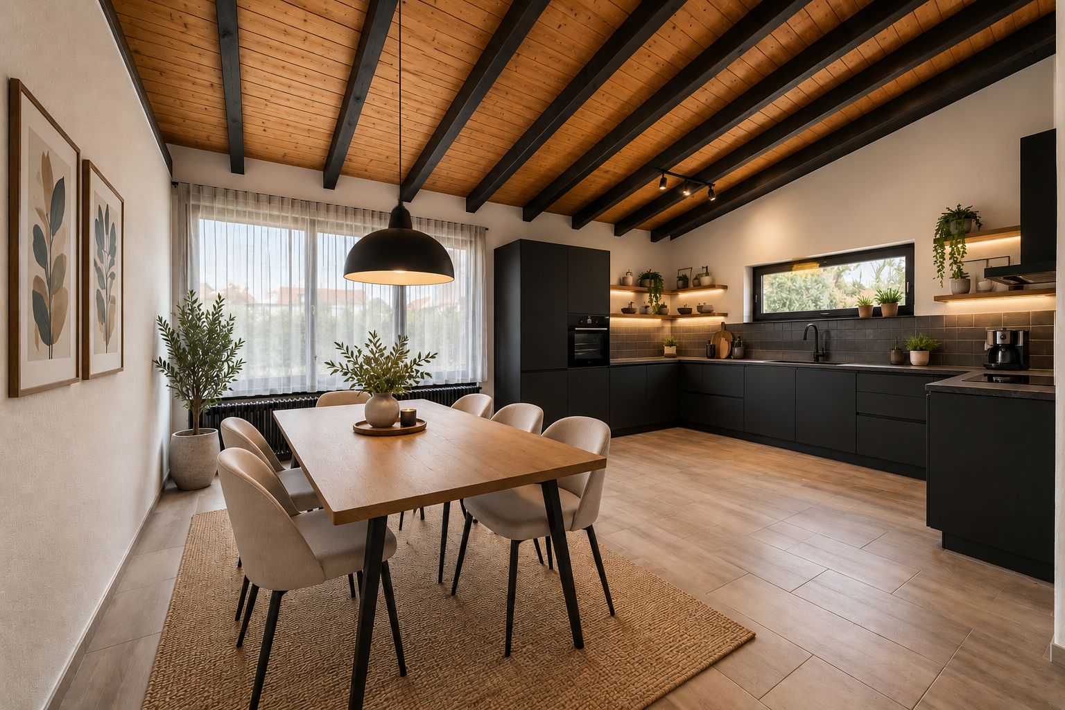 Moderne Wohnküche mit Esstisch, schwarzen Schränken und Holzdecke, große Fenster im Hintergrund.