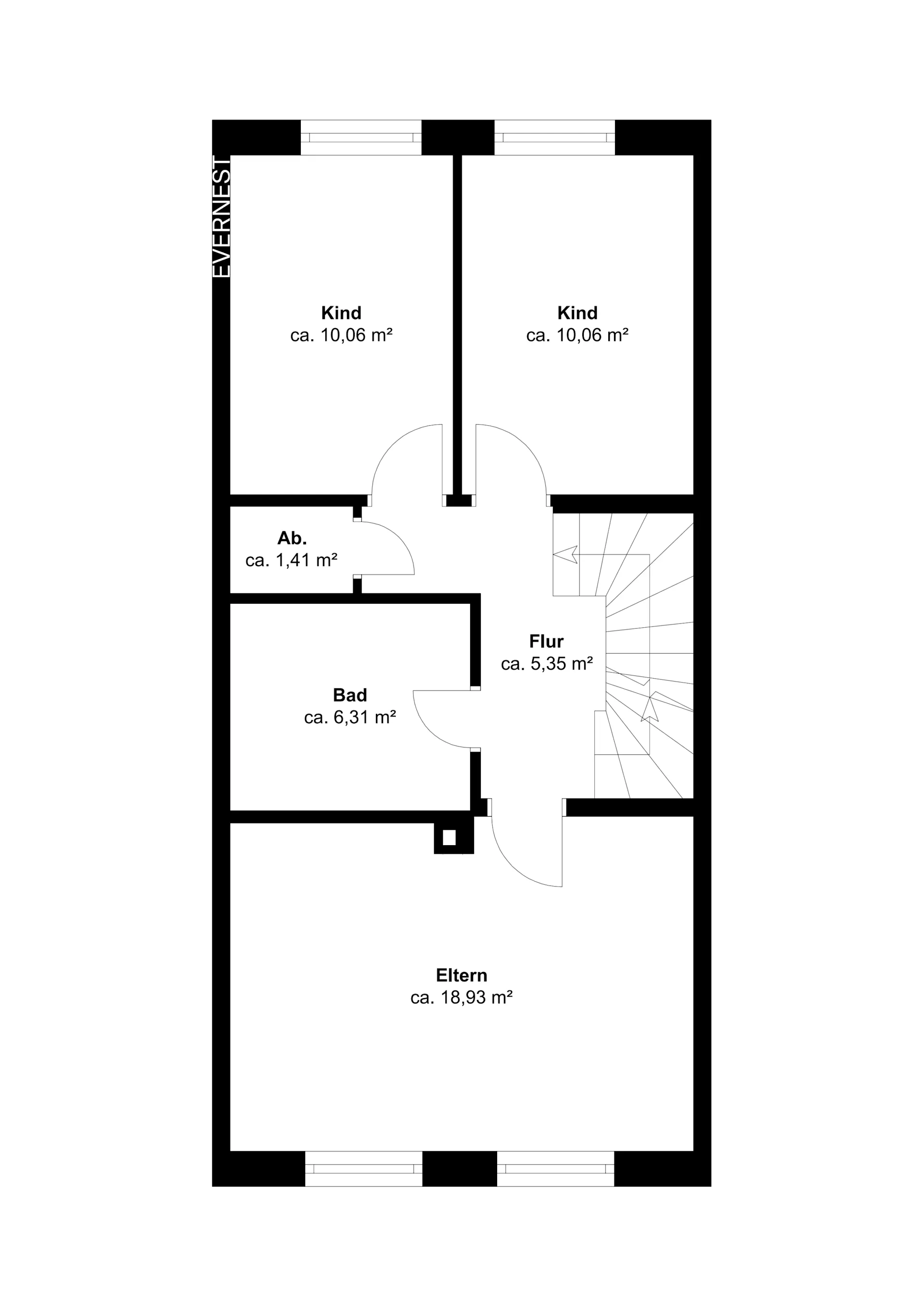 Grundriss mit zwei Kinderzimmern, einem Elternschlafzimmer, Bad, Abstellraum und Flur mit Treppe.