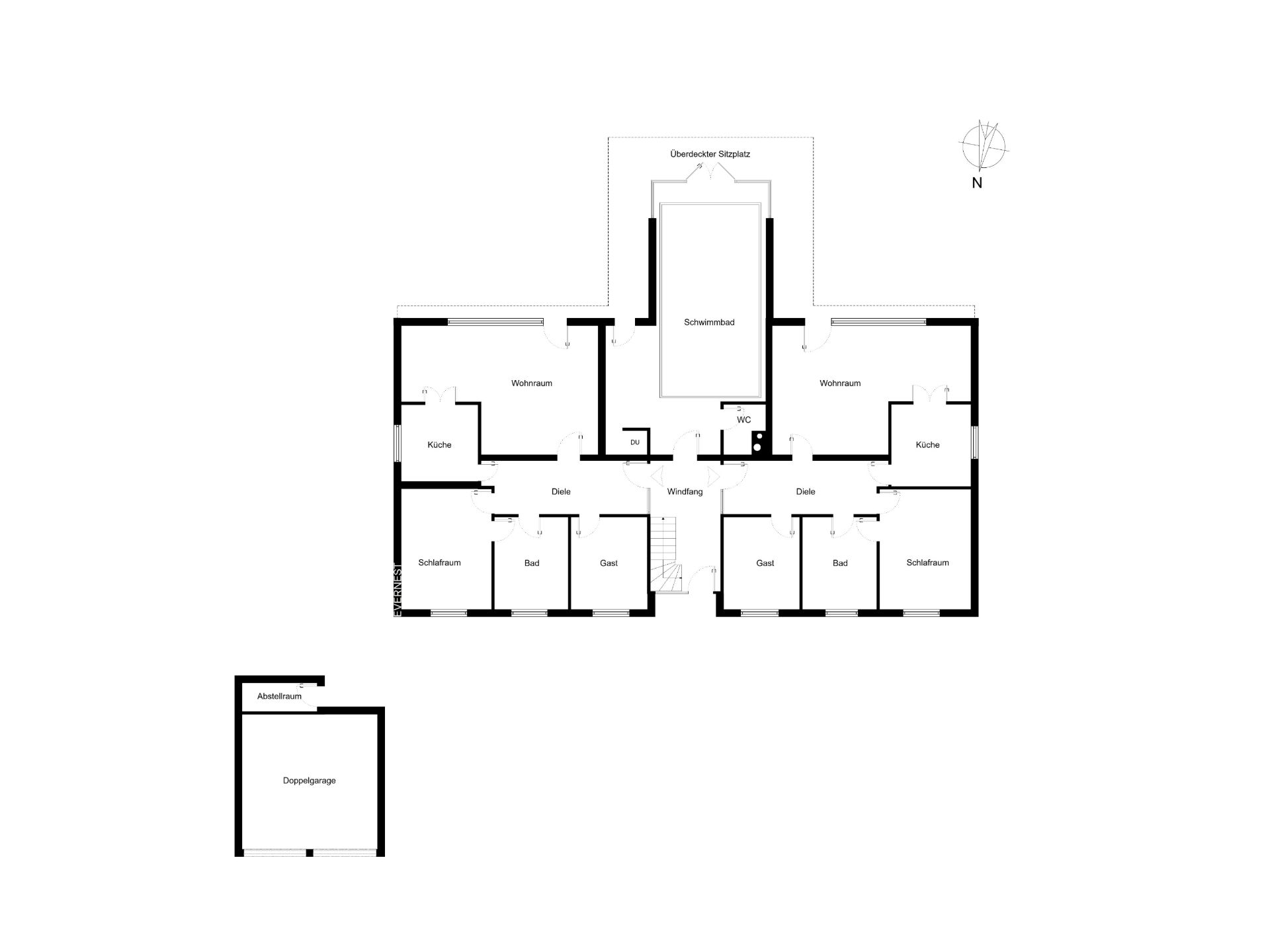 Grundriss eines Hauses mit Wohnzimmer, Küche, Schlafzimmer, Bad und separater Doppelgarage.