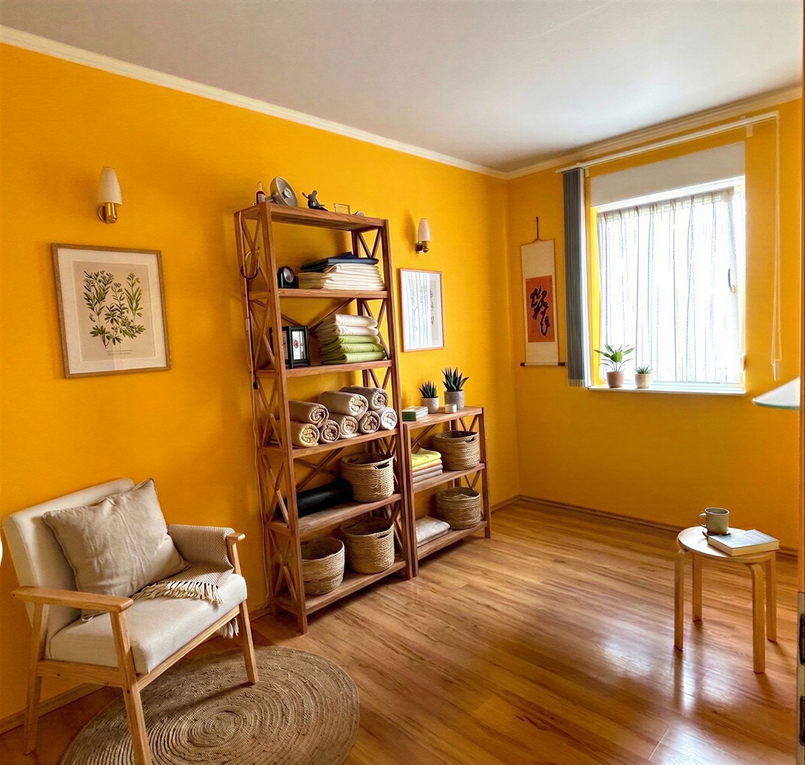 Helles Zimmer mit gelben Wänden, Regal, Sessel, Pflanzen und rundem Teppich auf Holzfußboden.