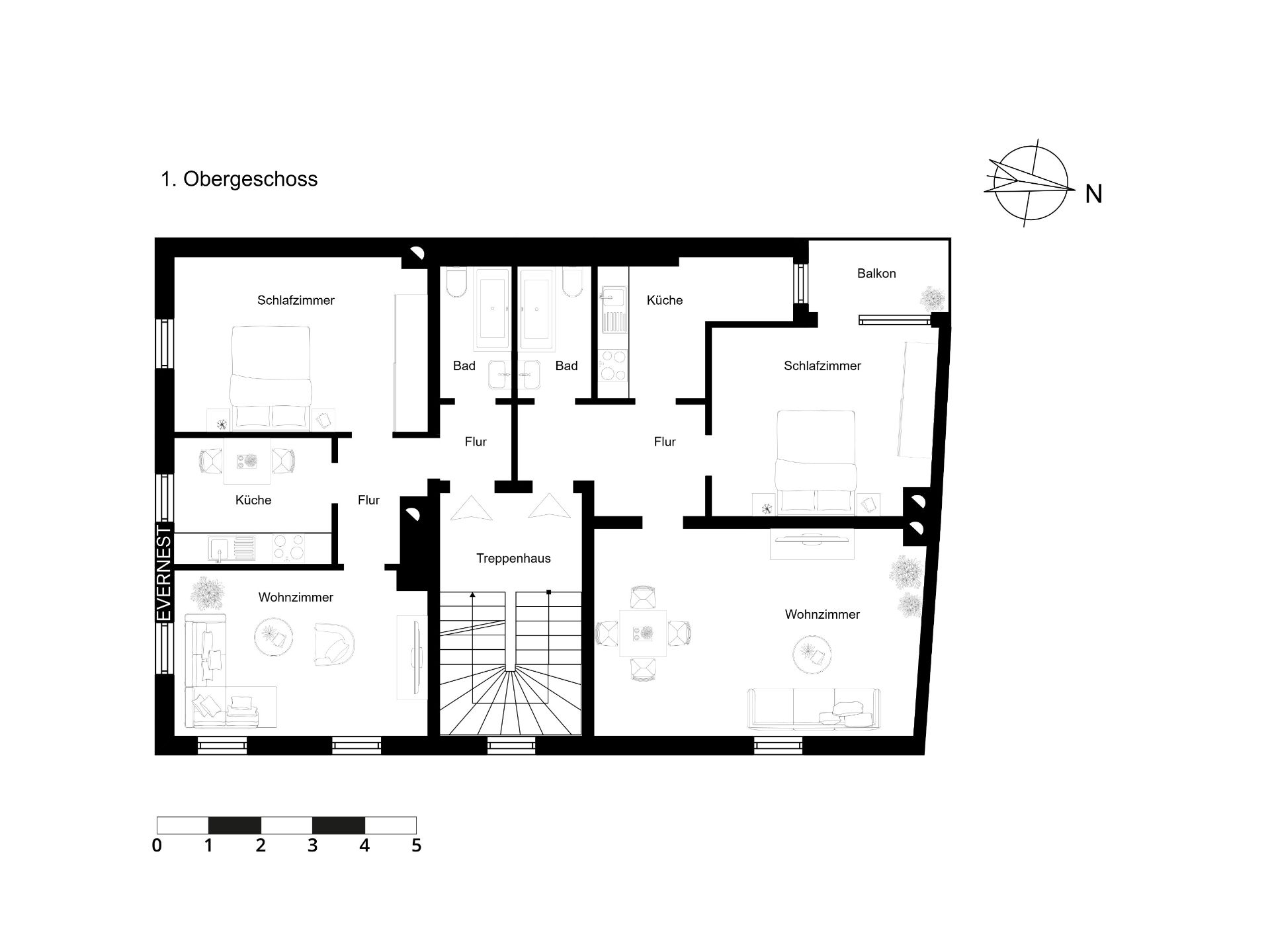 Grundriss einer Wohnung mit zwei Schlafzimmern, zwei Küchen, zwei Wohnzimmern und Balkon.
