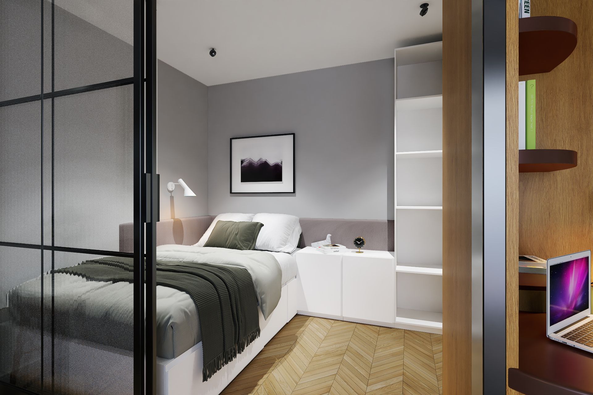 Modernes Schlafzimmer mit Doppelbett, weißen Möbeln und Bild an der Wand, daneben ein offenes Regal.