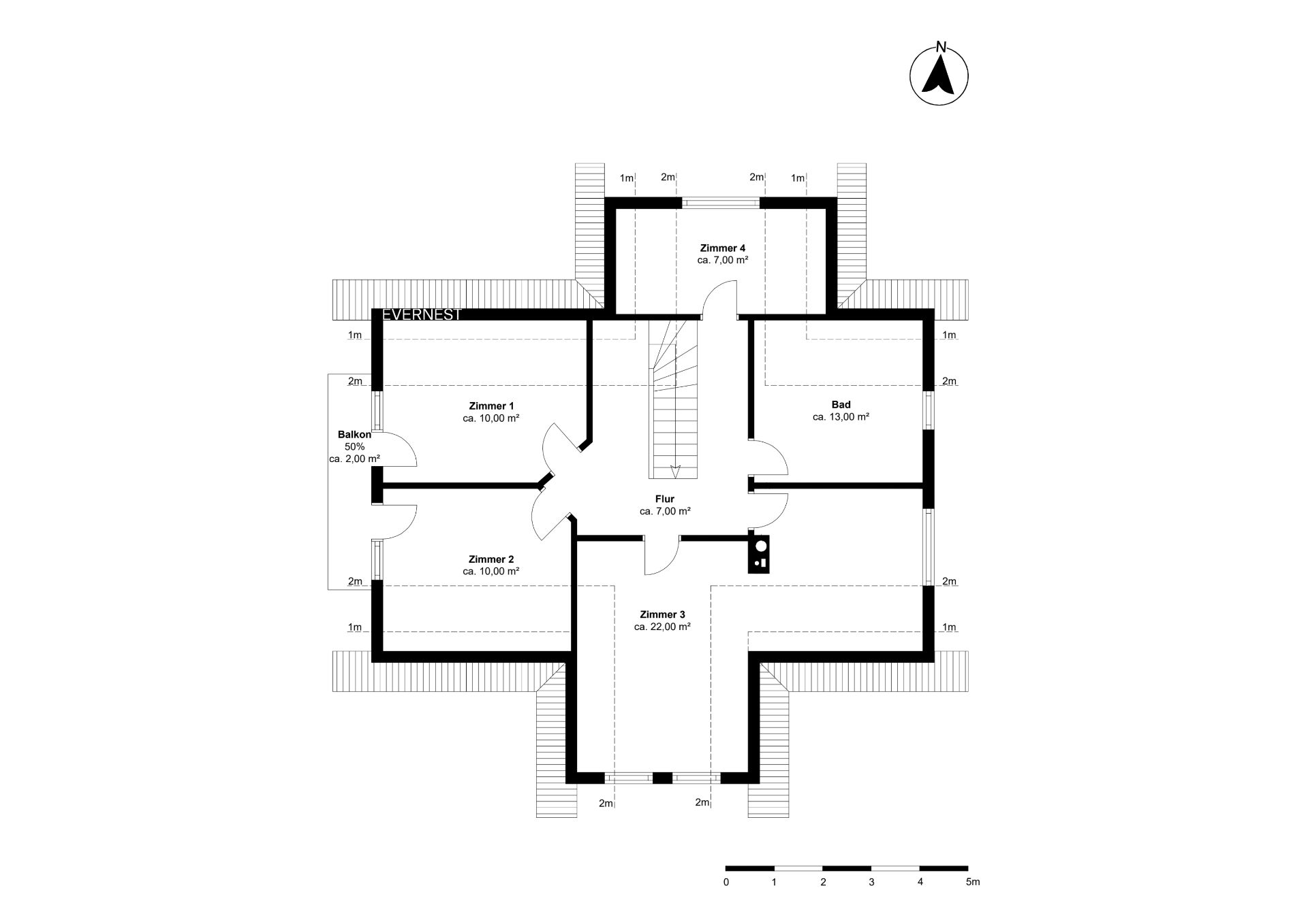 Grundriss eines Obergeschosses mit vier Zimmern, zwei Bädern, Flur und Balkon.