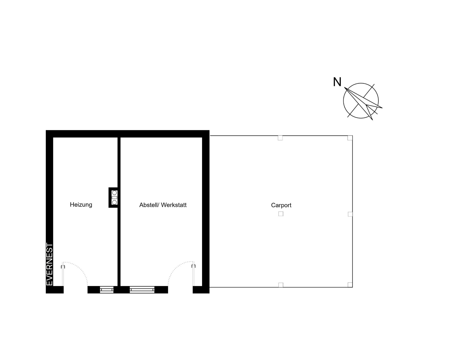 Grundriss mit Heizung, Abstellraum/Werkstatt und Carport.