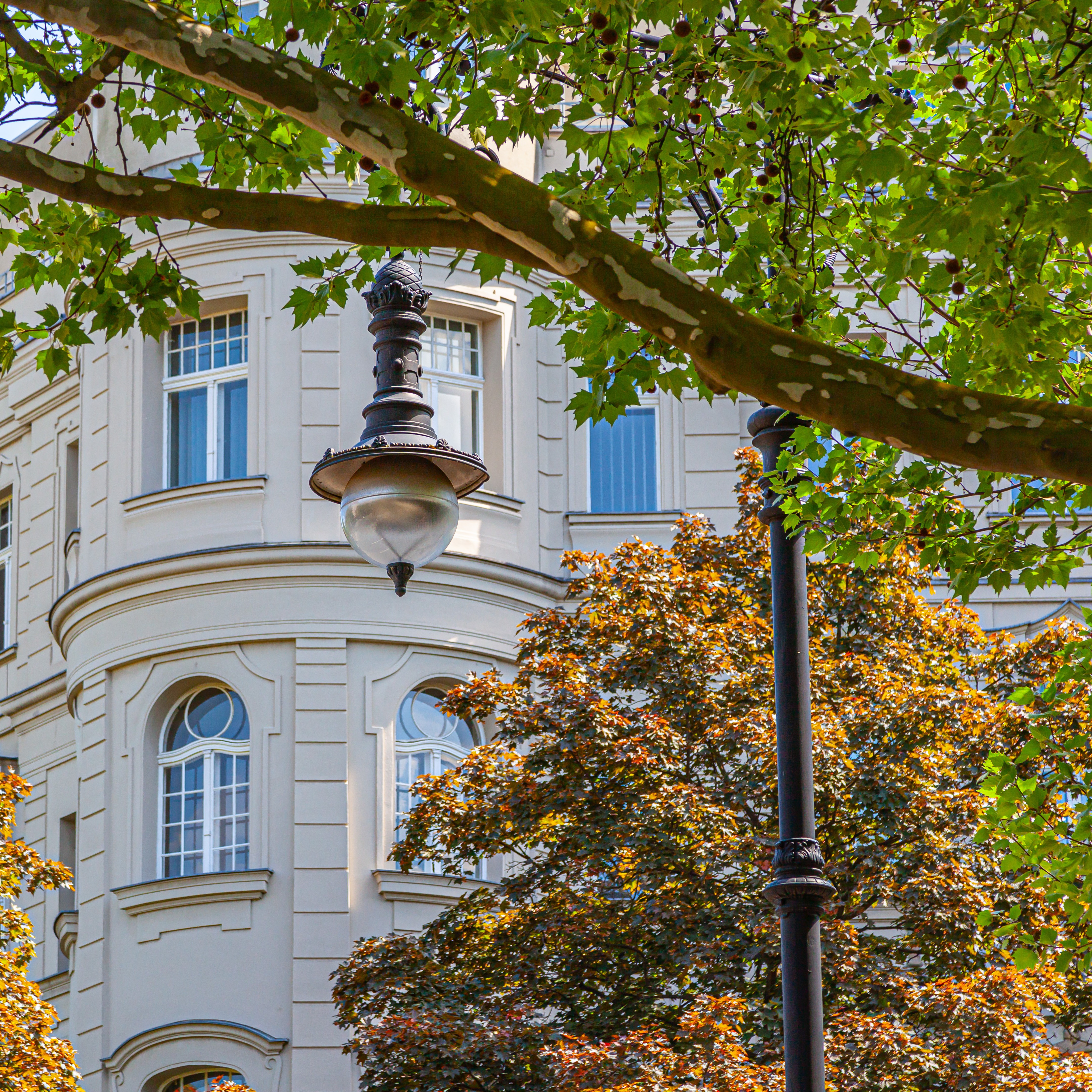 Fassade eines Wohnhauses mit runden Fenstern, Straßenlaterne und Bäumen im Vordergrund.