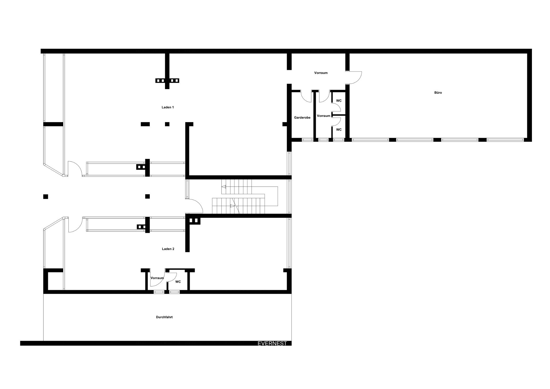 Grundriss einer Wohnimmobilie mit mehreren Zimmern, WC und einem großen Bereich.