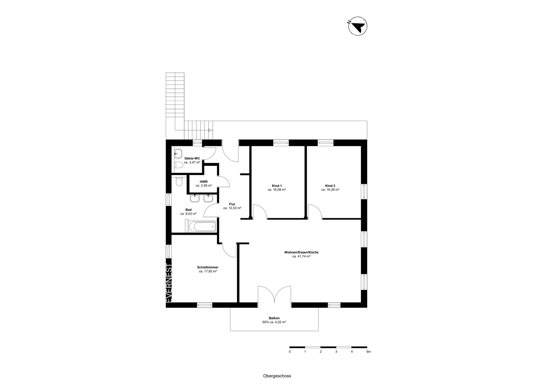 Grundriss einer Wohnung mit Schlafzimmer, Bad, Gäste-WC, Flur, zwei Kinderzimmern, Wohnbereich und Balkon.