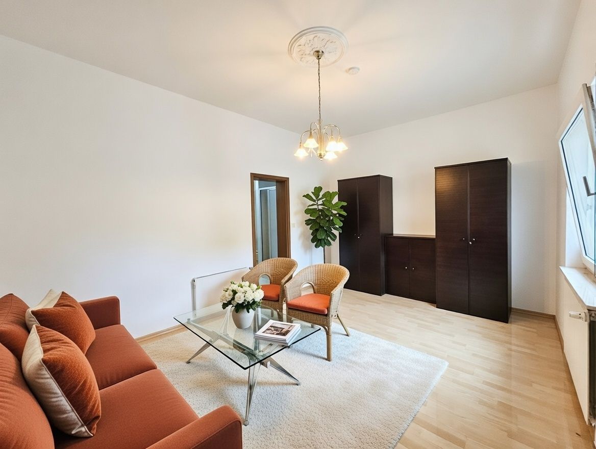 Helles Wohnzimmer mit orangefarbenem Sofa, zwei Stühlen, Glastisch, Pflanzen und Schränken.