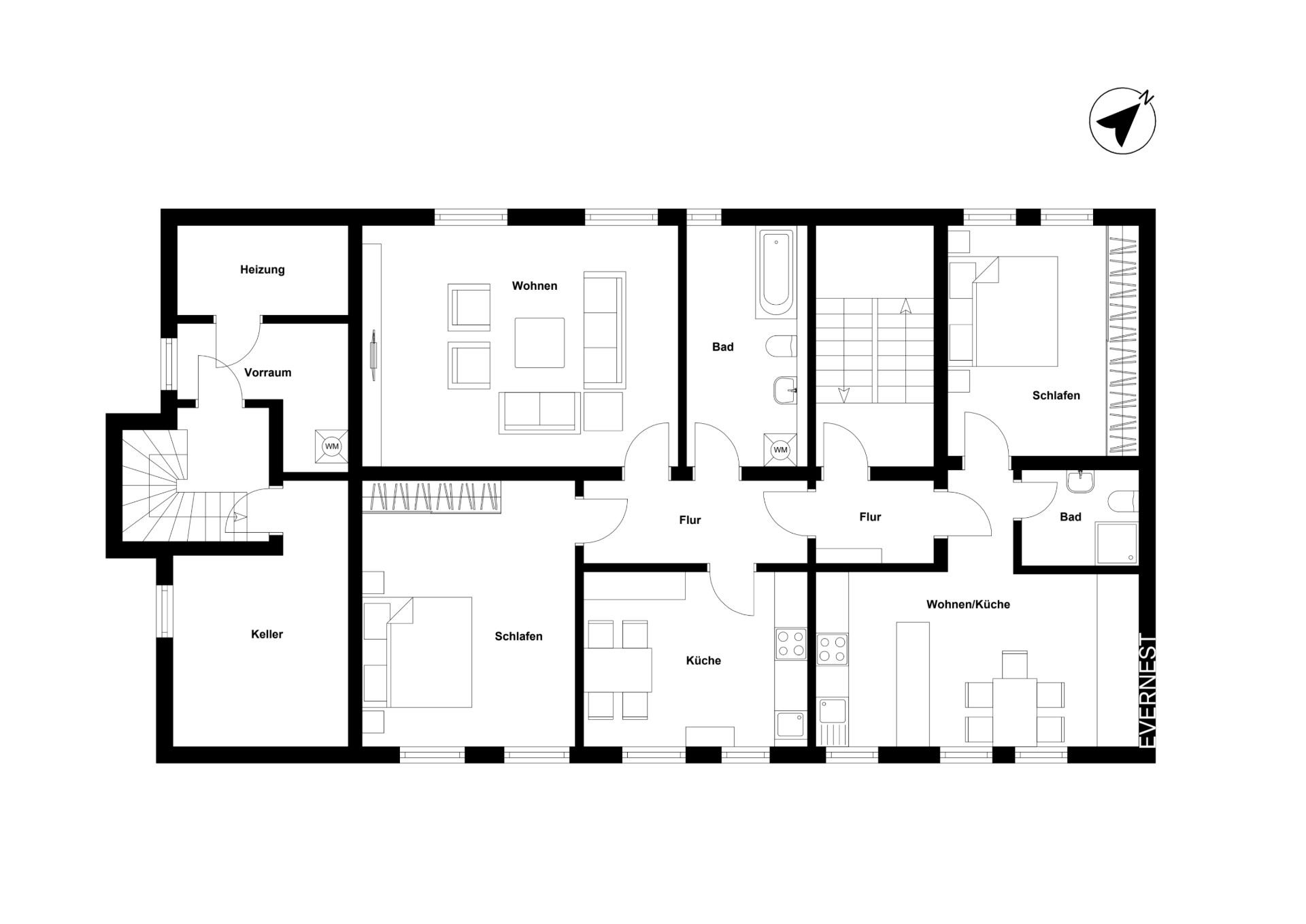 Grundriss einer Wohnung mit zwei Schlafzimmern, zwei Bädern, Küche, Wohnzimmer und weiteren Räumen.