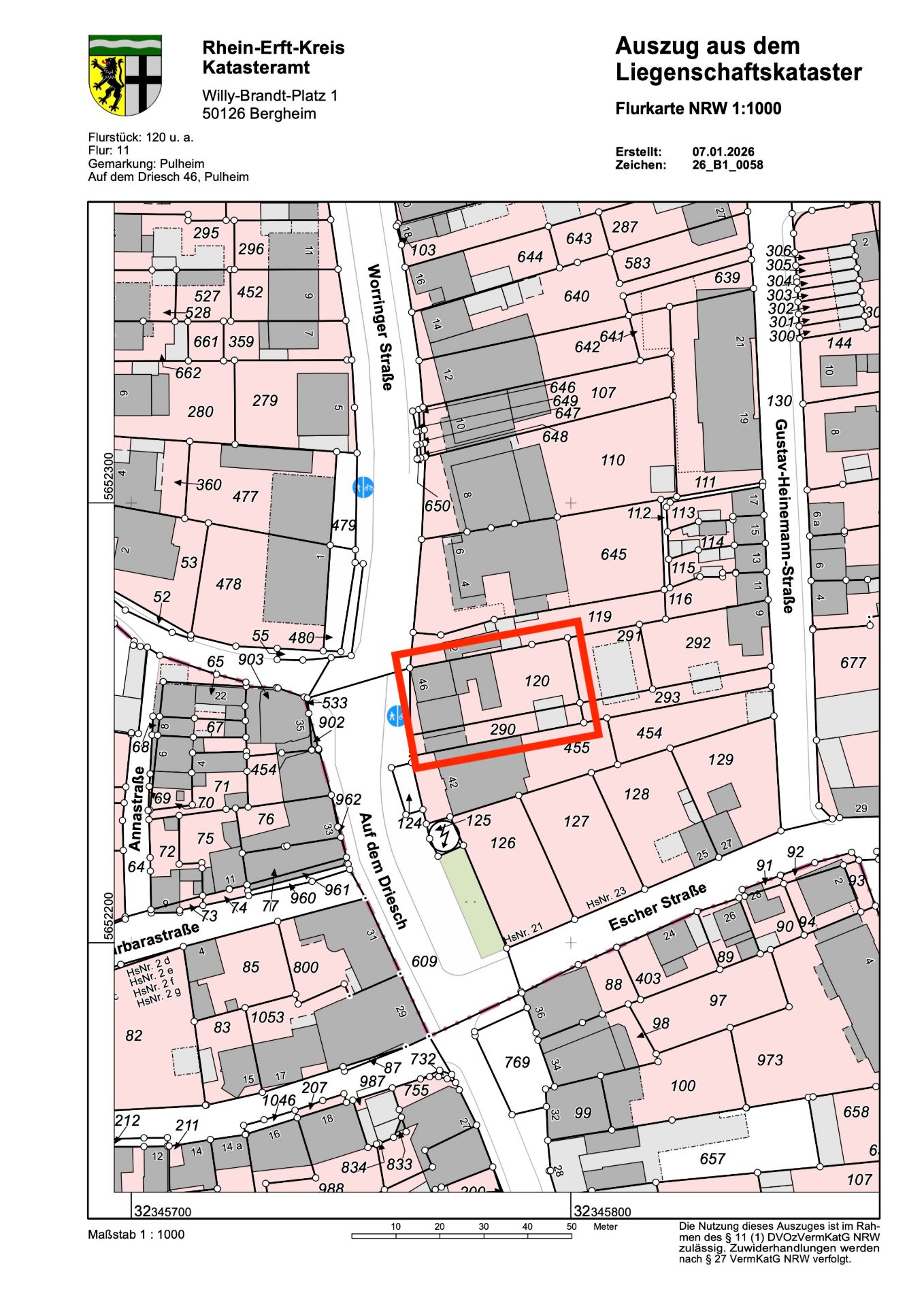 Stadtplan mit markiertem Grundstück in rotem Rahmen an der Straße Auf den Driesch.