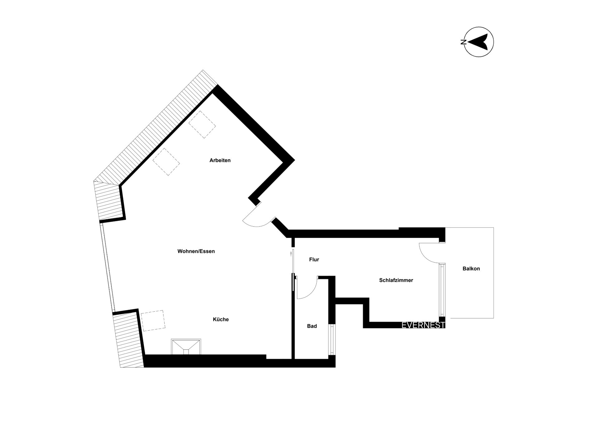 Grundriss einer Wohnung mit Wohnzimmer, Küche, Arbeitszimmer, Schlafzimmer, Bad und Balkon.