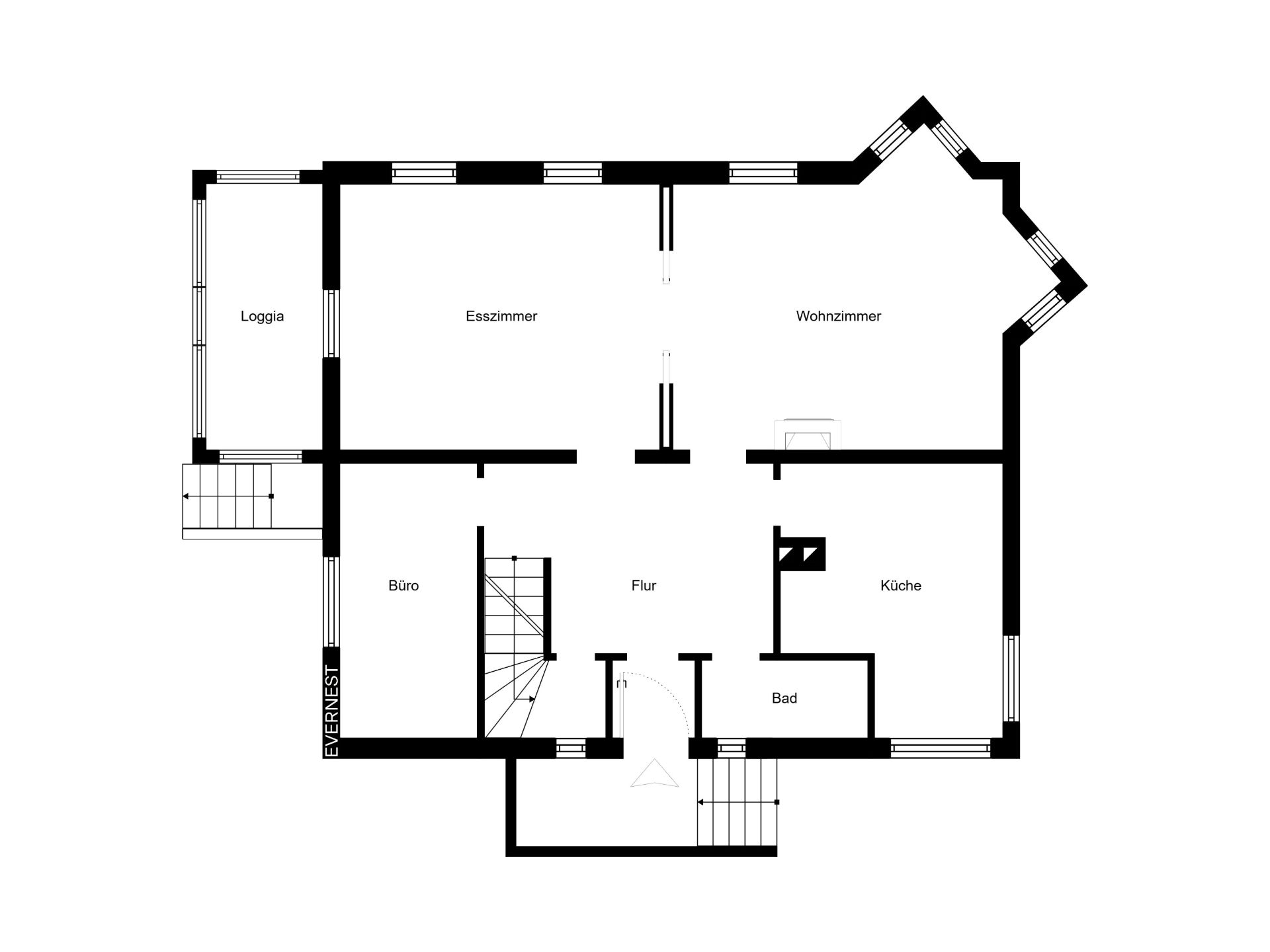 Grundriss mit Wohnzimmer, Esszimmer, Büro, Küche, Bad, Flur und Loggia.