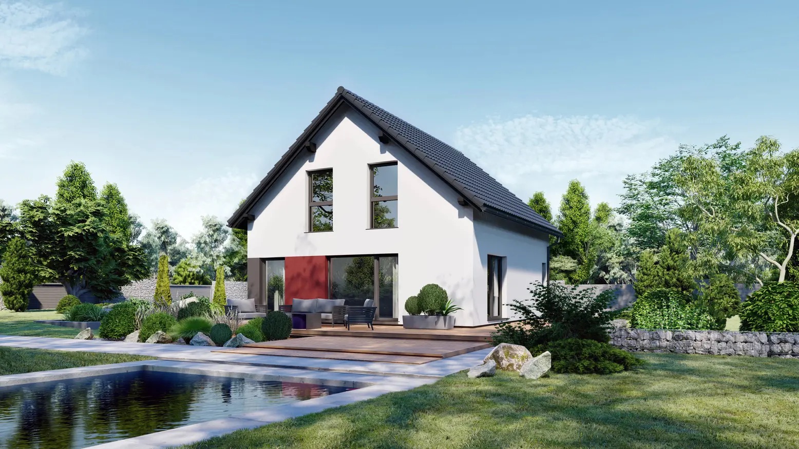 Modernes Einfamilienhaus mit Terrasse, Garten und kleinem Pool im Vordergrund.