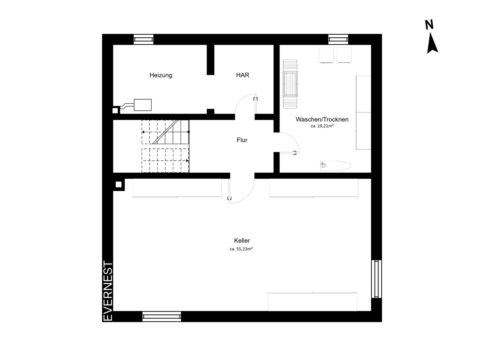 Grundriss eines Kellers mit Räumen für Heizung, Hausanschluss, Waschen/Trocknen und großem Kellerraum.