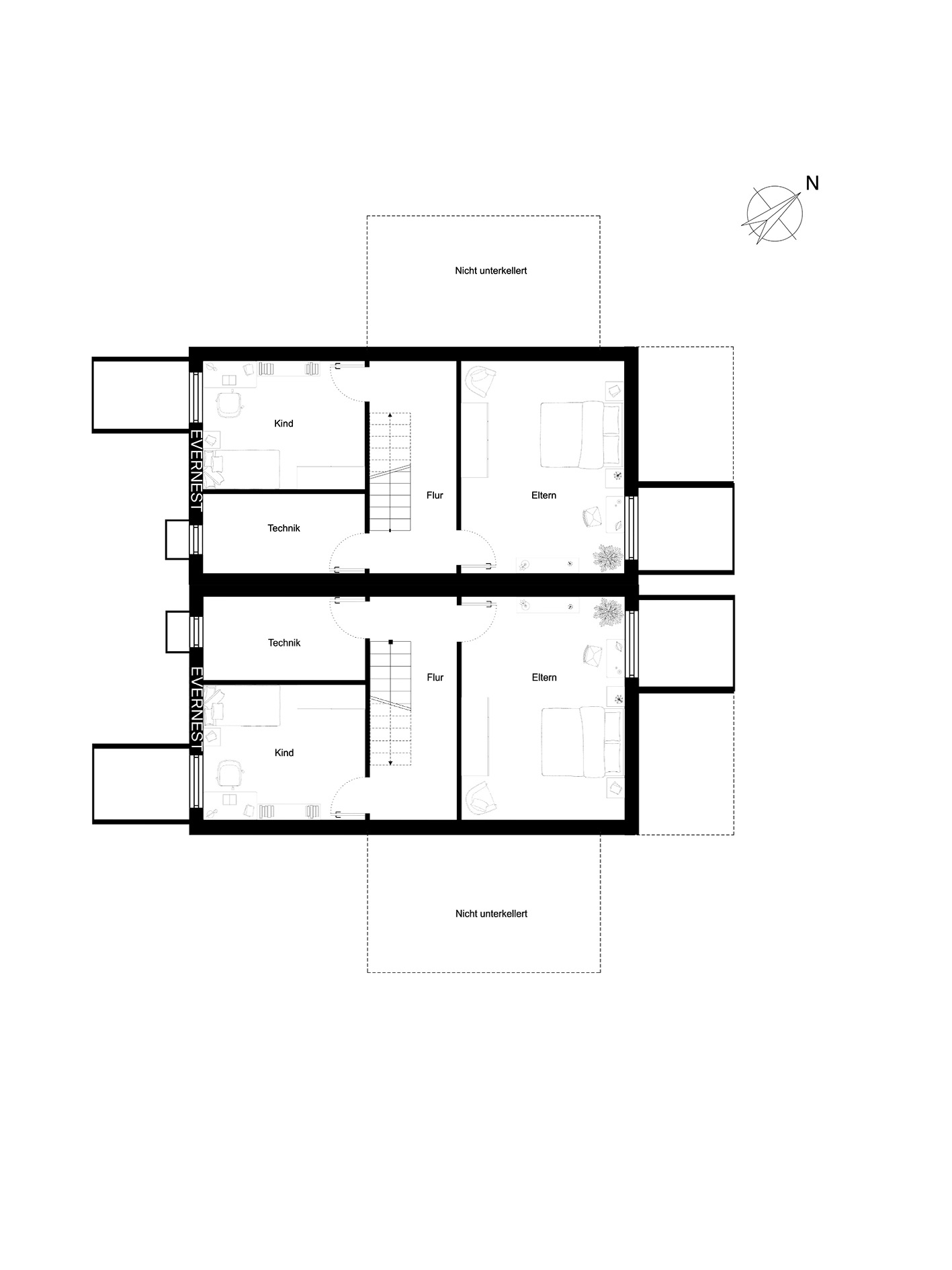 Grundriss eines Hauses mit Eltern- und Kinderzimmer, Technikraum und Flur.