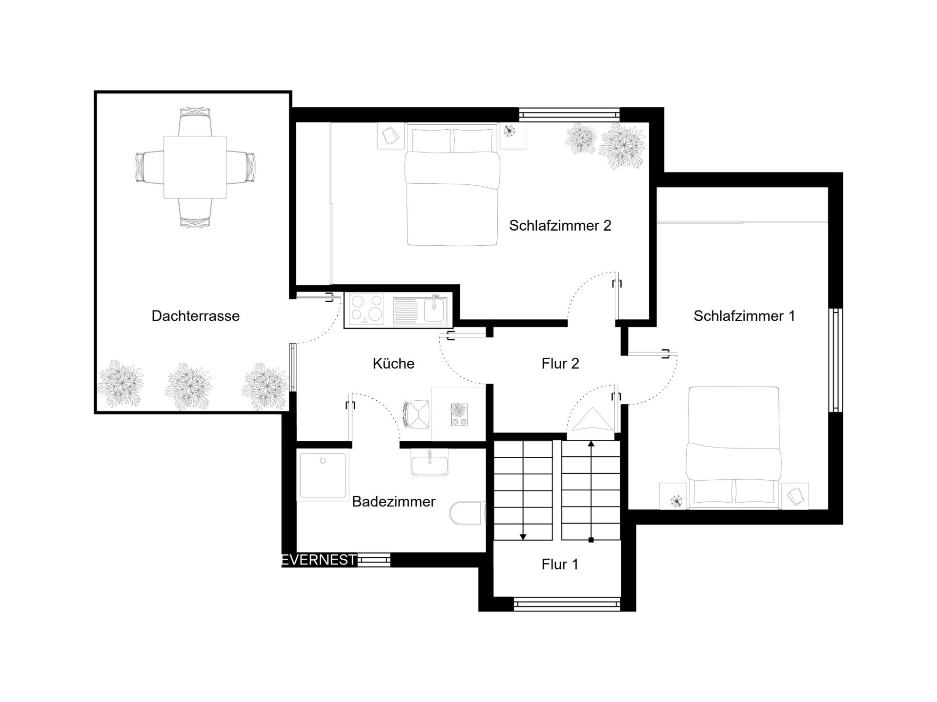 Grundriss mit zwei Schlafzimmern, Küche, Bad, Flur und Dachterrasse.