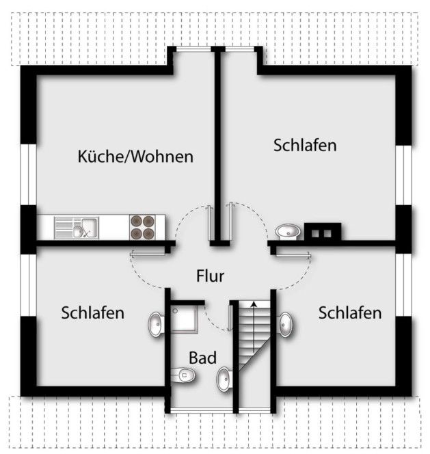 Grundriss einer Wohnung mit Küche/Wohnen, drei Schlafzimmern, Flur und Bad.