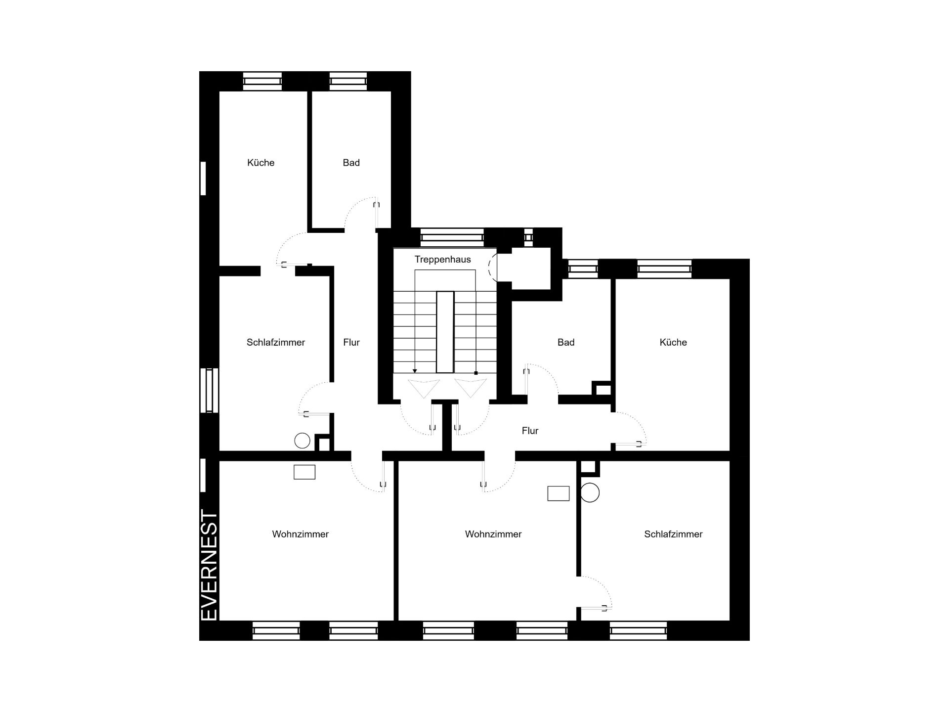 Grundriss einer Wohnung mit zwei Küchen, zwei Bädern, zwei Schlafzimmern und zwei Wohnzimmern.