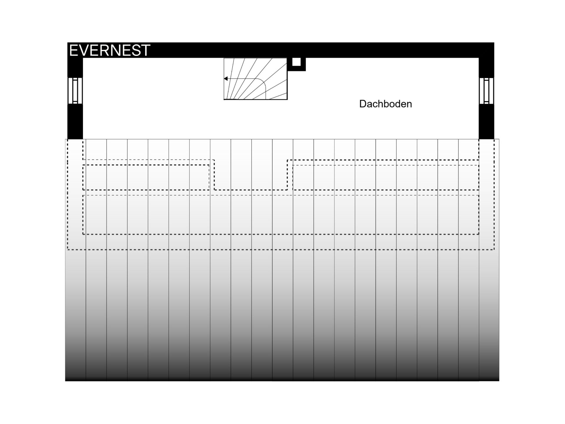 Grundriss eines Dachbodens mit Treppe in einem Wohnhaus.