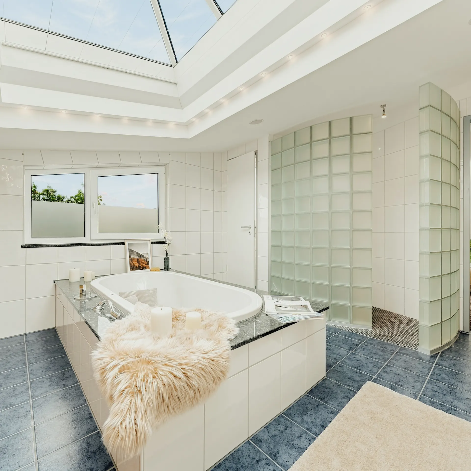 Modernes Badezimmer mit Badewanne, Oberlicht und Glasbaustein-Dusche.