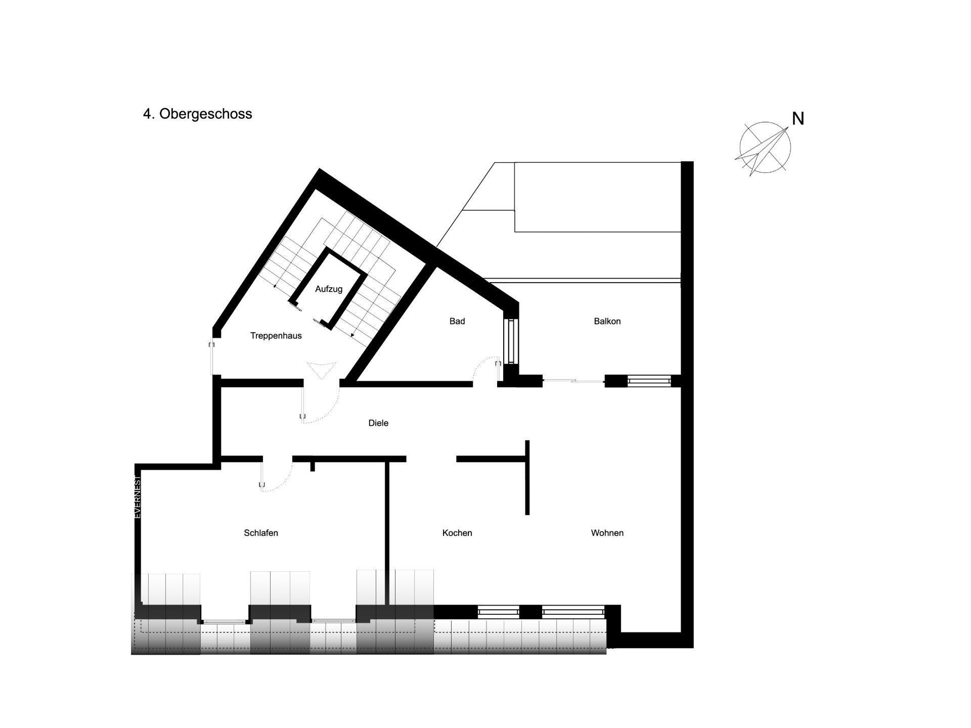Grundriss einer Wohnung mit Schlafzimmer, Bad, Küche, Wohnbereich und Balkon.
