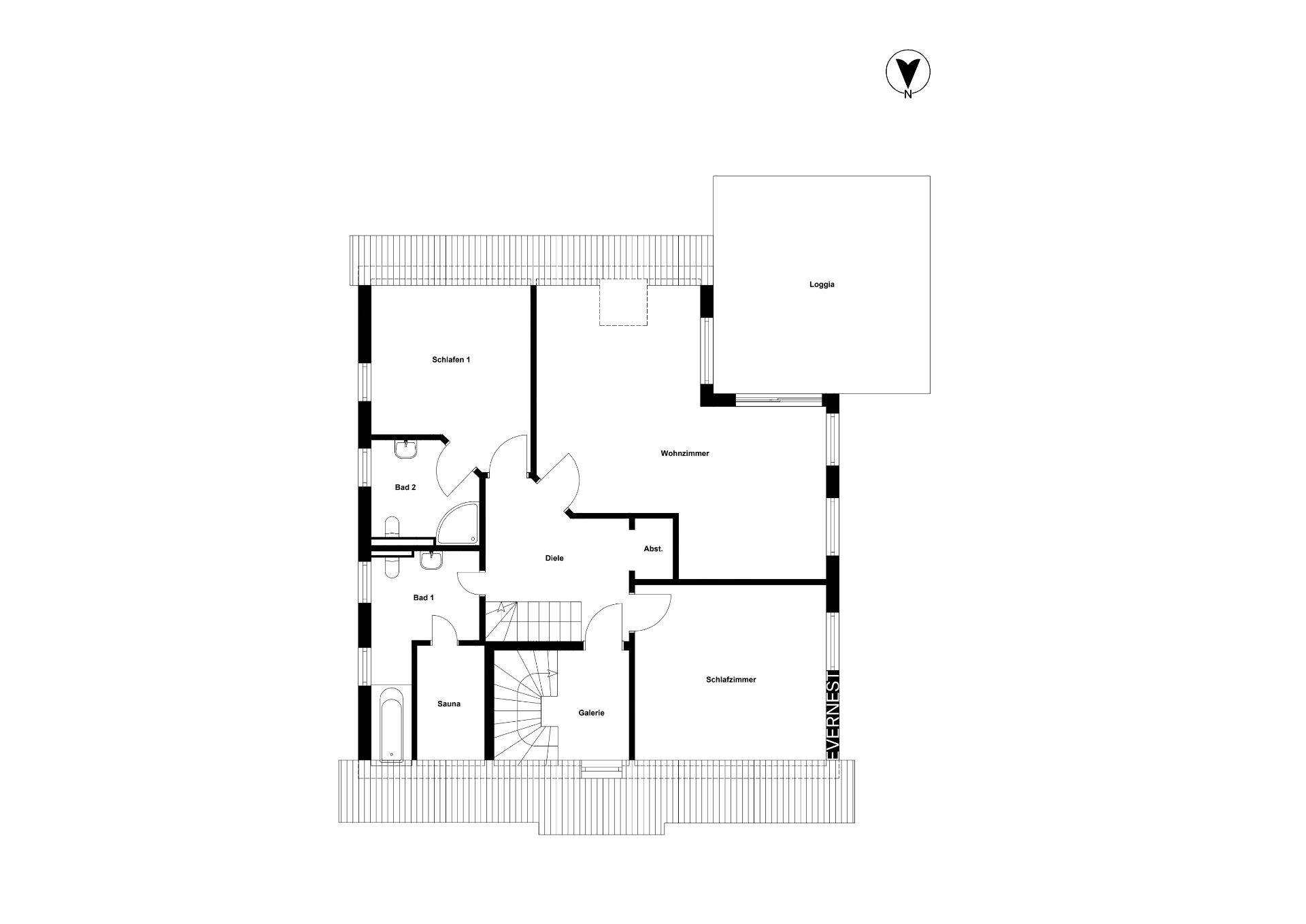 Grundriss einer Wohnung mit Schlafzimmern, Bädern, Wohnraum, Galerie und Loggia.