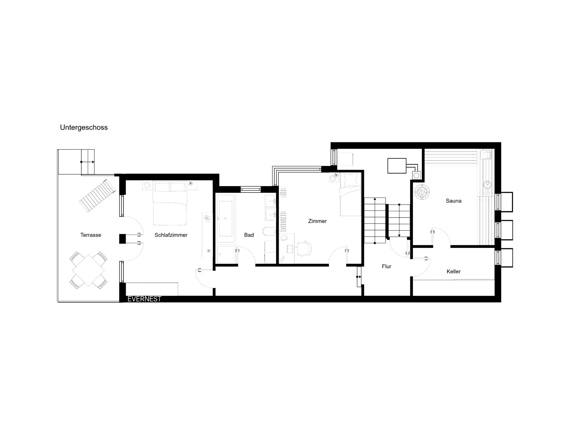 Grundriss eines Untergeschosses mit Terrasse, Schlafzimmer, Bad, Zimmer, Sauna und Keller.