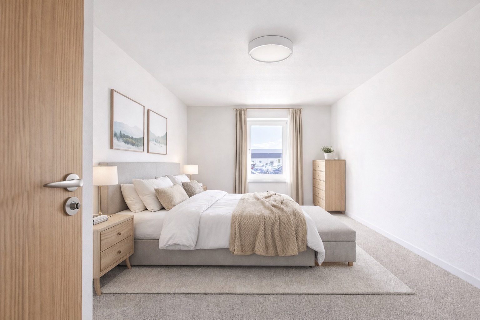 Helles Schlafzimmer mit Doppelbett, Nachttischen, Kommode und Fenster mit Vorhängen.