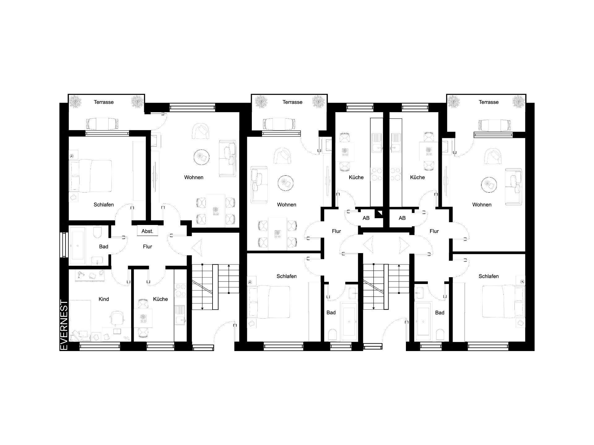 Grundriss eines Wohnhauses mit mehreren Wohnungen, Terrassen, Schlafzimmern, Küchen und Wohnzimmern.