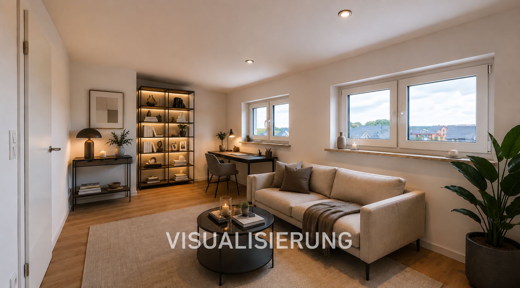 Helles Wohnzimmer mit Sofa, Schreibtisch, Regal und großen Fenstern.