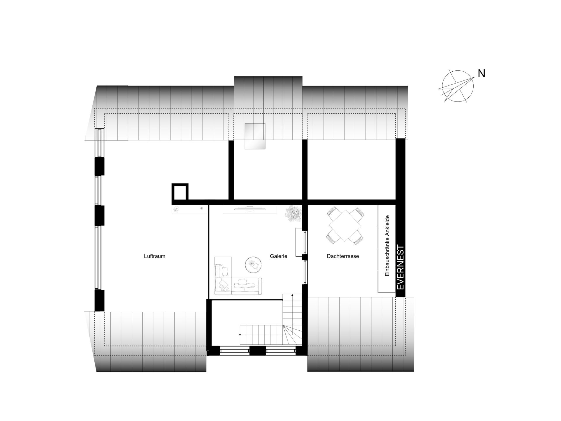 Grundriss eines Obergeschosses mit Luftraum, Galerie und Dachterrasse.