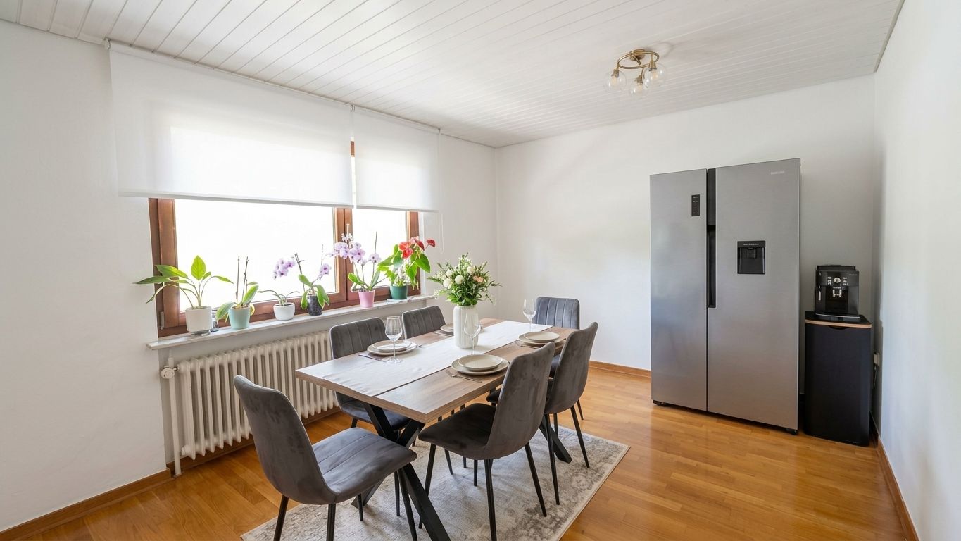 Esszimmer mit Holztisch, sechs Stühlen, Kühlschrank und vielen Pflanzen am Fenster.