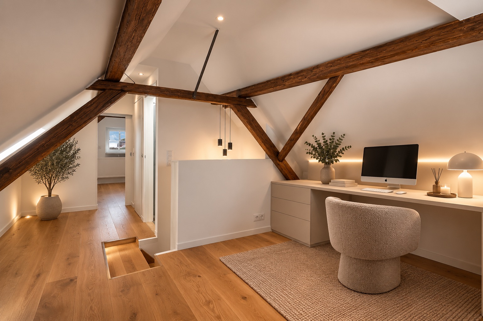 Modernes Homeoffice im Dachgeschoss mit Holzbalken, Schreibtisch, Computer und Sessel.
