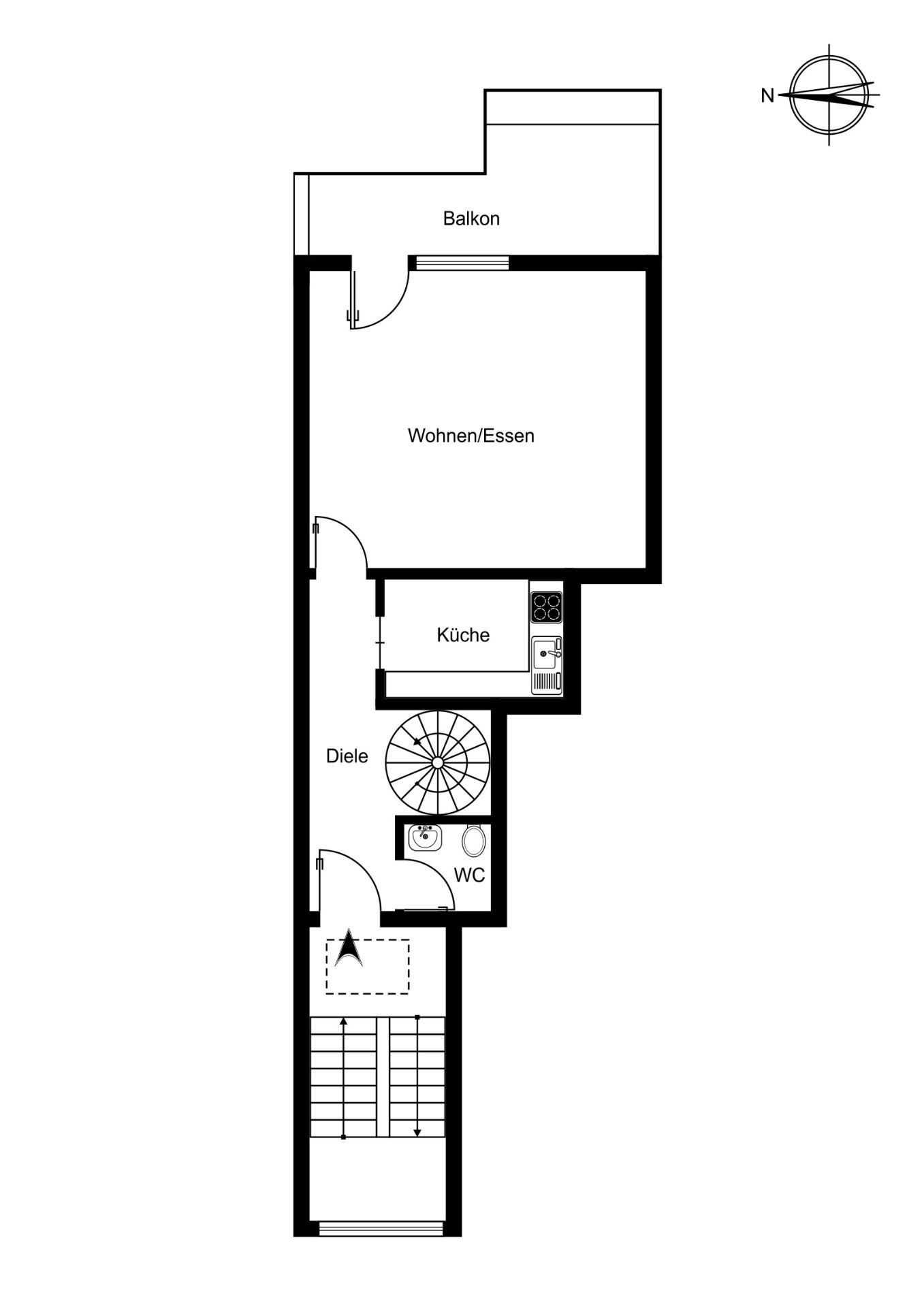 Grundriss mit Wohnzimmer, Küche, WC und Balkon, sowie Treppe und Diele.