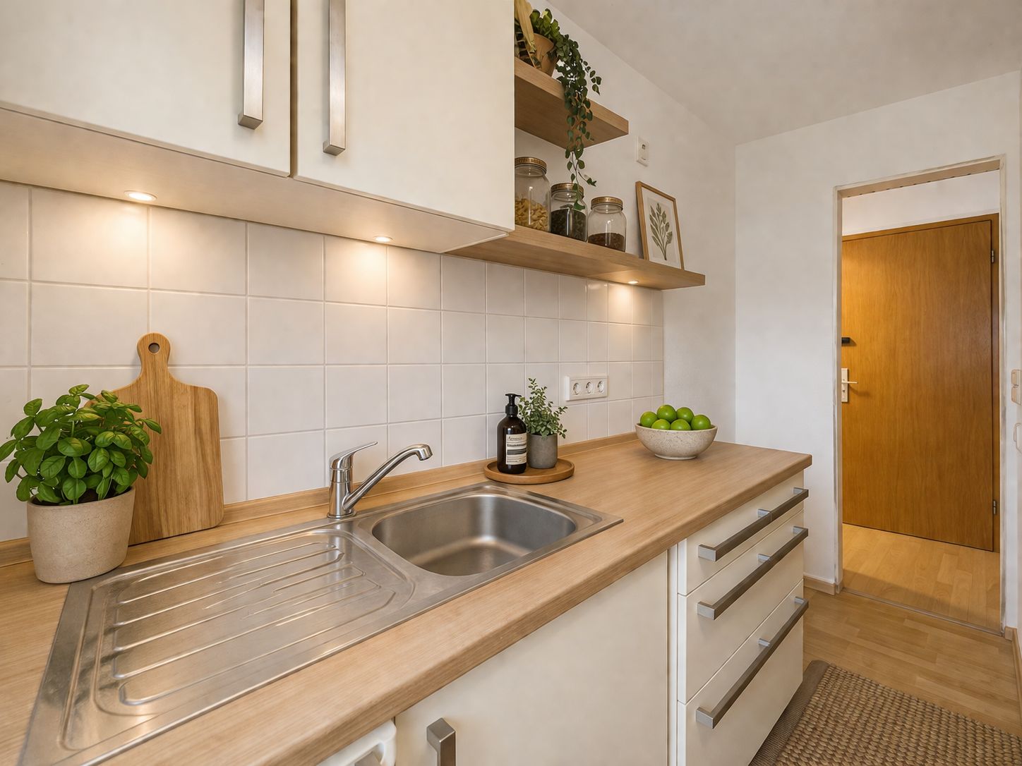 Moderne Küche mit Holzarbeitsplatte, Spüle, Kräutertopf und Regalen mit Gläsern.
