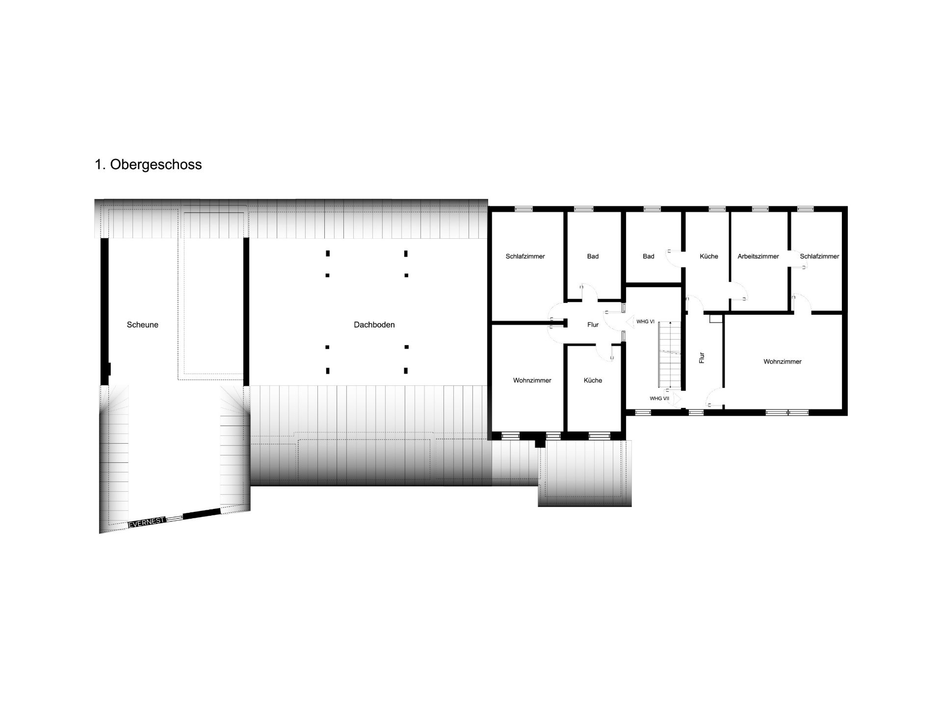 Grundriss des Obergeschosses mit Scheune, Dachboden, Schlafzimmern, Wohnzimmern, Küche und Bad.