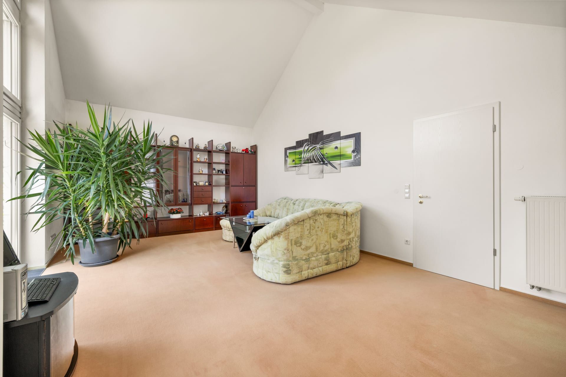 Helles Wohnzimmer mit grüner Pflanze, Sofa, Glastisch und Regalwand.