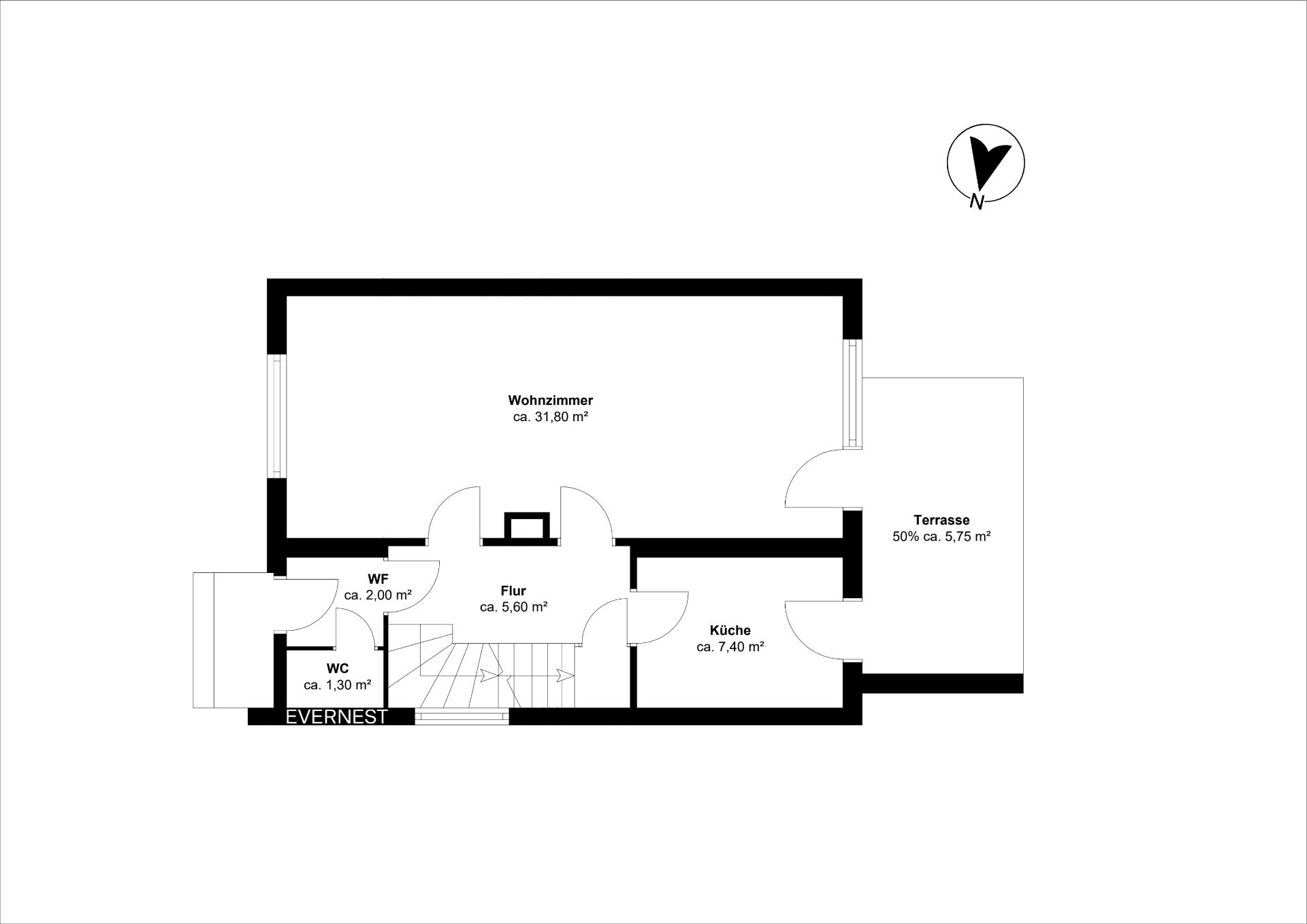 Grundriss mit Wohnzimmer, Küche, Flur, WC, WF und Terrasse, alle Räume beschriftet.