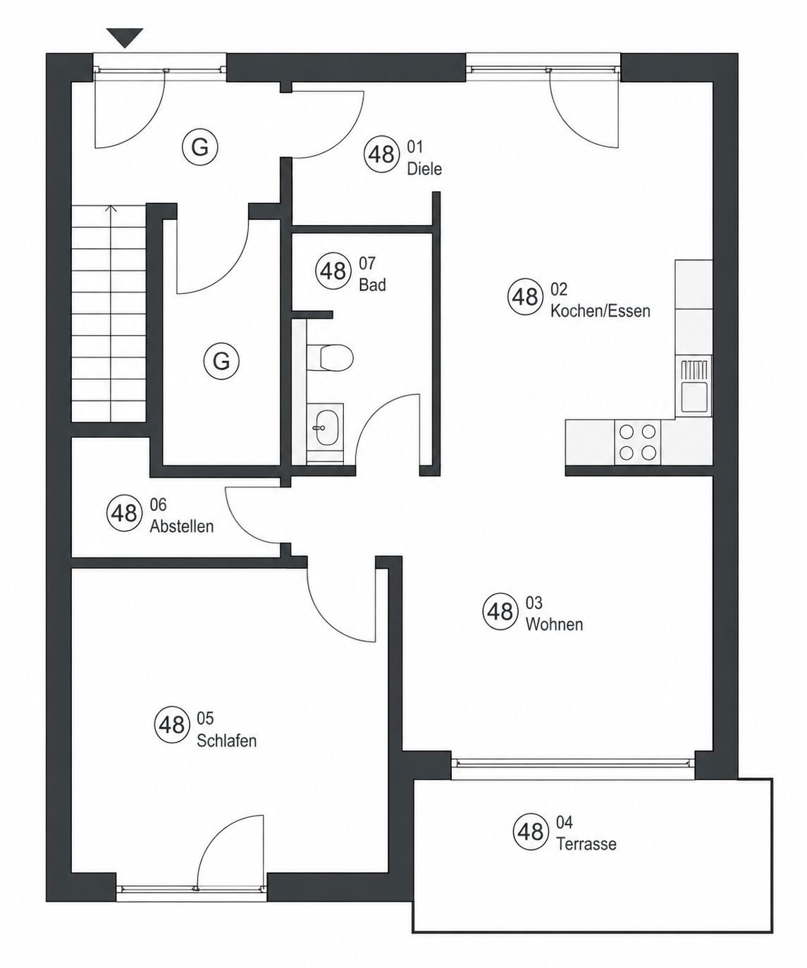 Grundriss einer Wohnung mit Küche, Bad, Wohn-, Schlaf- und Abstellraum sowie Terrasse.