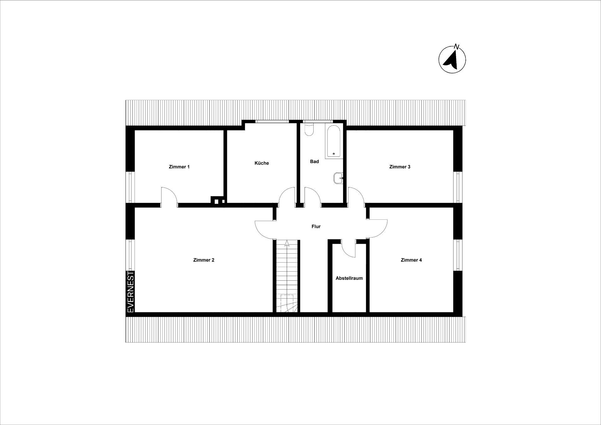 Grundriss mit vier Zimmern, Küche, Bad, Flur und Abstellraum.