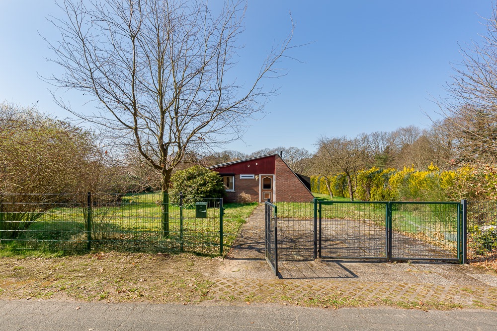 Einfamilienhaus mit Garten, Einfahrtstor und kahlem Baum im Vordergrund.