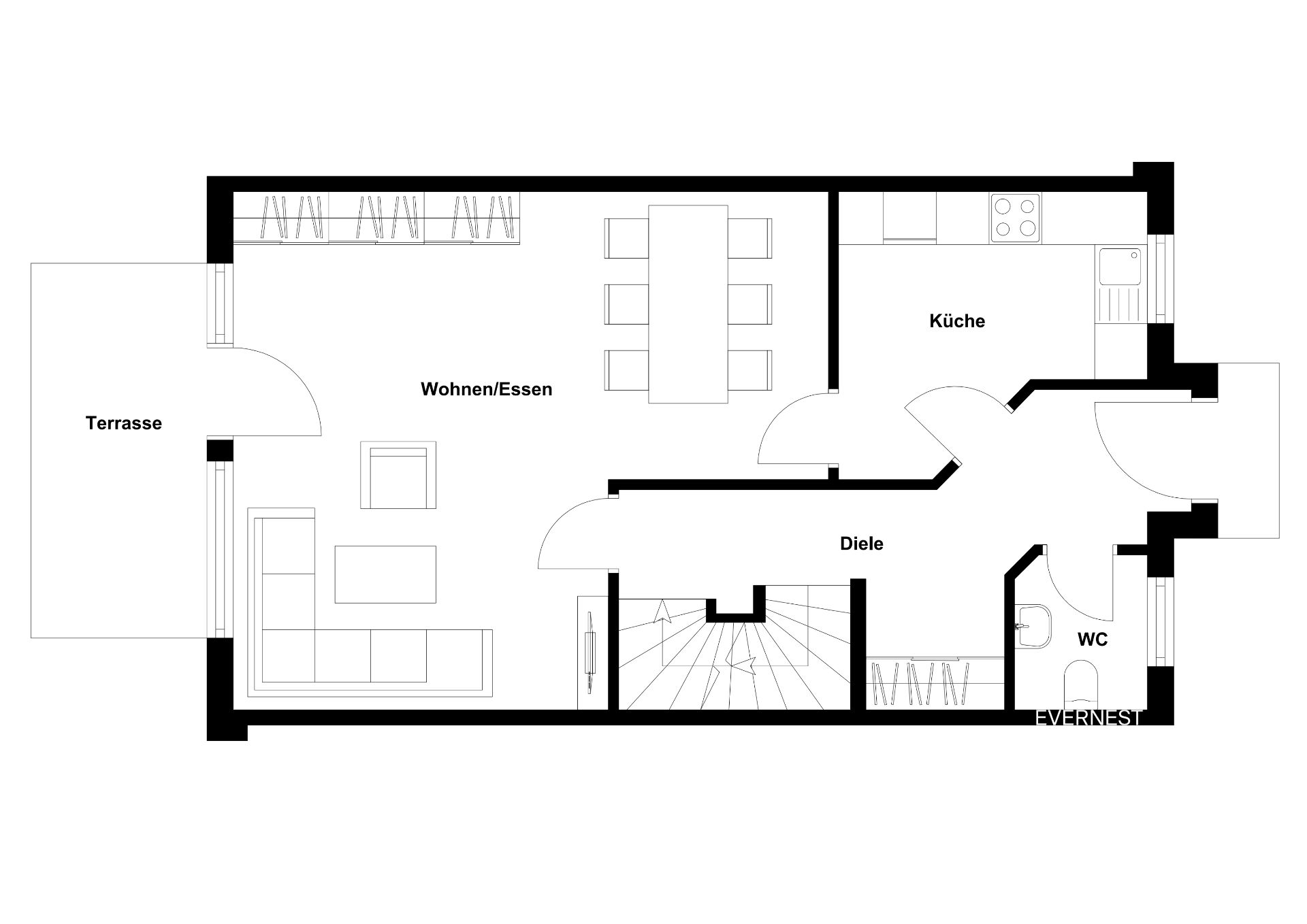 Grundriss einer Wohnung mit Terrasse, Wohn- und Essbereich, Küche, Diele und WC.