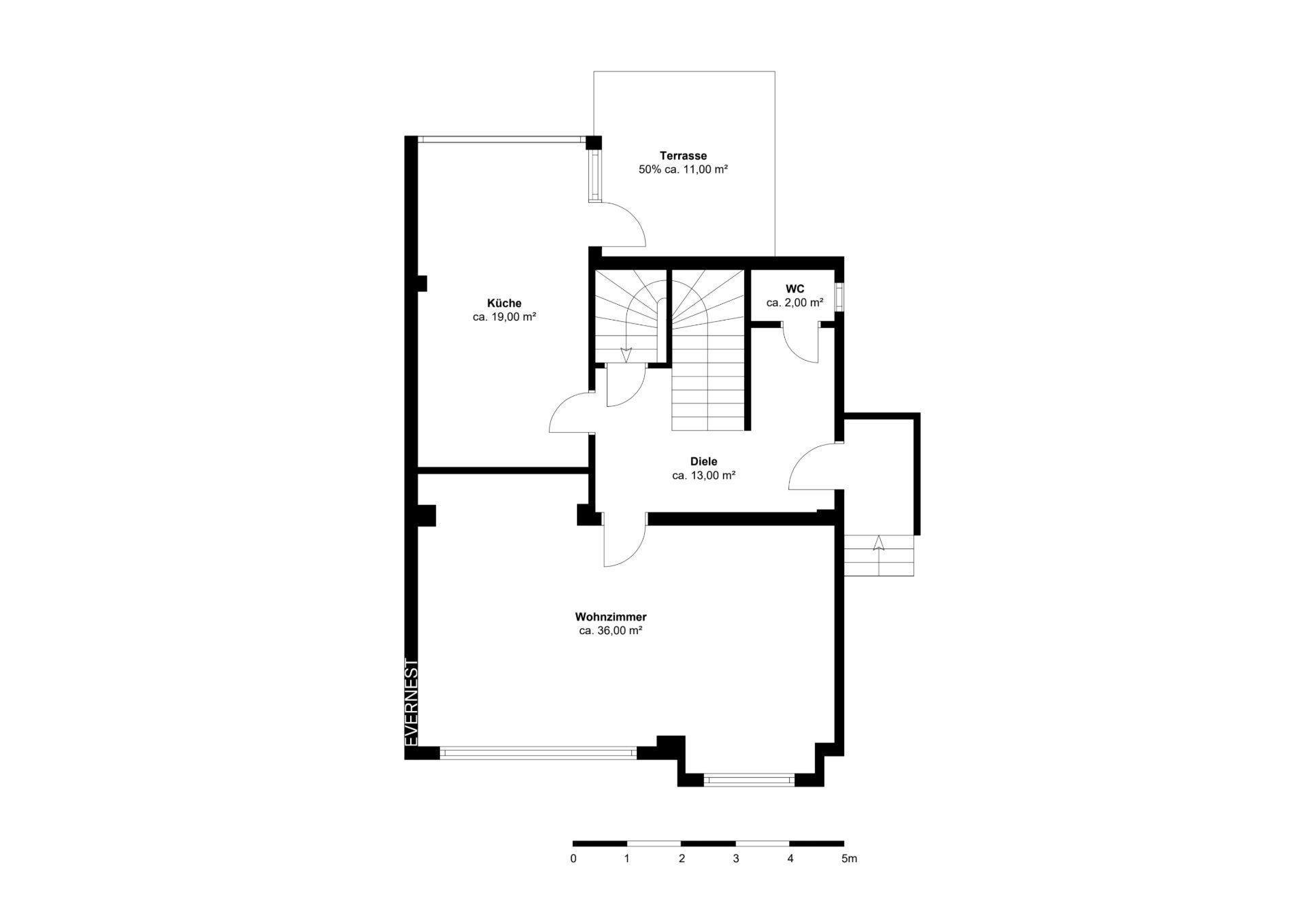 Grundriss mit Wohnzimmer, Küche, Diele, WC und Terrasse.