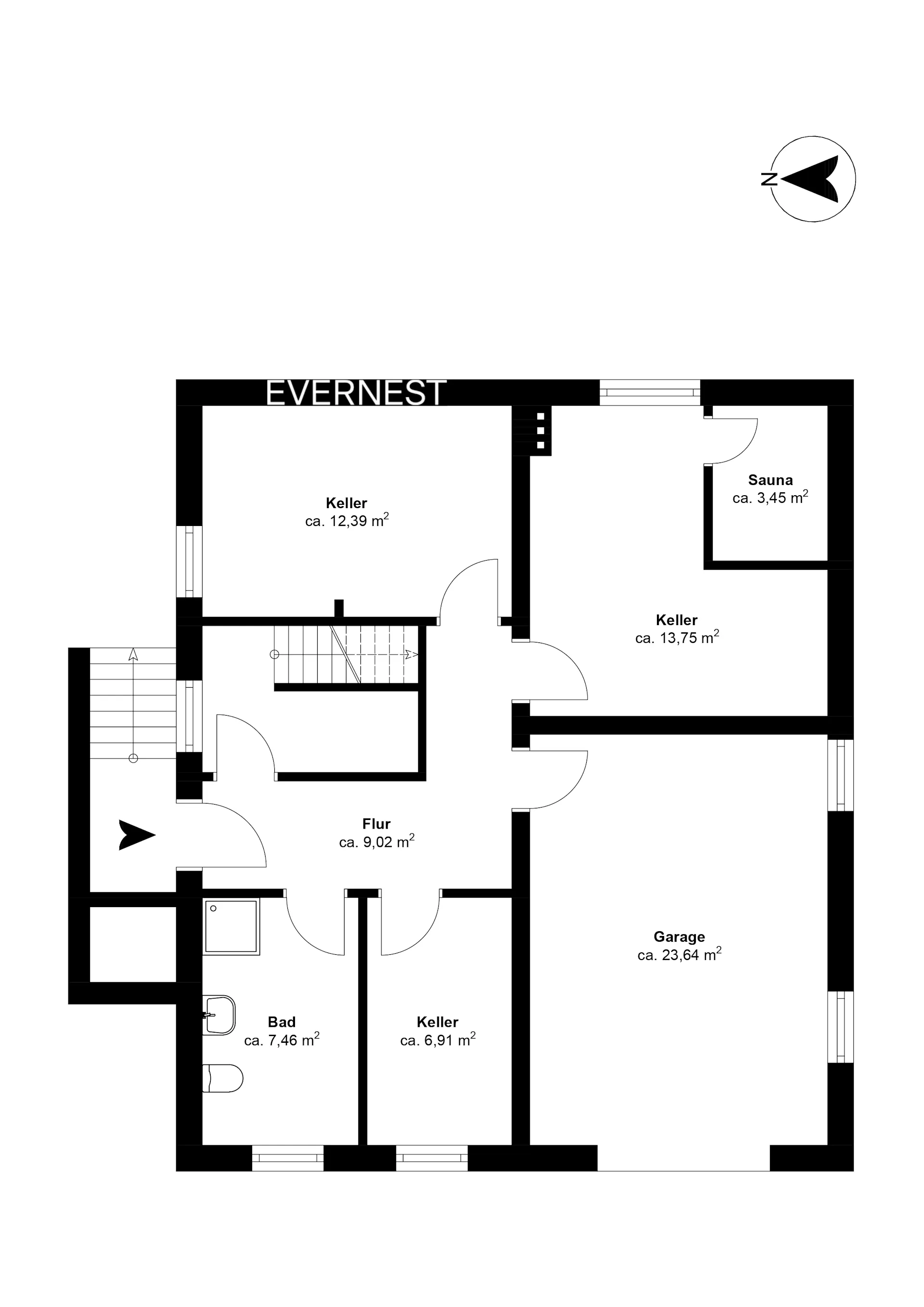 Grundriss eines Kellers mit Garage, Flur, Bad, Sauna und mehreren Kellerräumen.