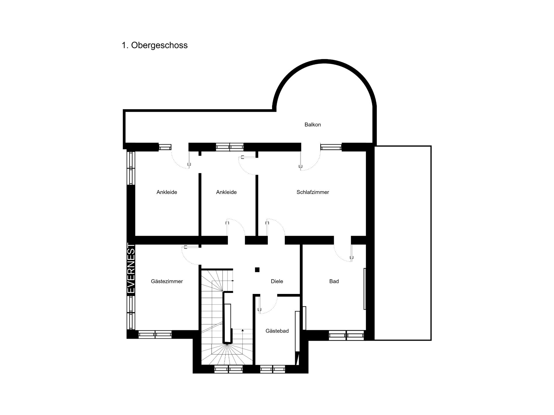 Grundriss des Obergeschosses mit Schlafzimmer, Ankleide, Gästezimmer, Bad, Gäste-Bad und Balkon.