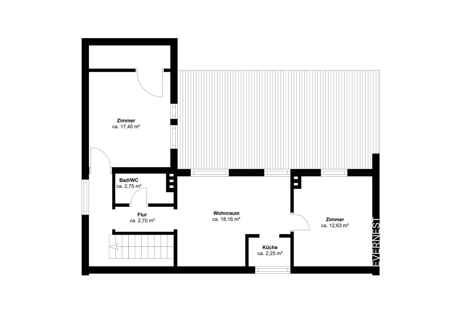 Grundriss einer Wohnung mit Wohnraum, Küche, Bad/WC, Flur und zwei Zimmern.