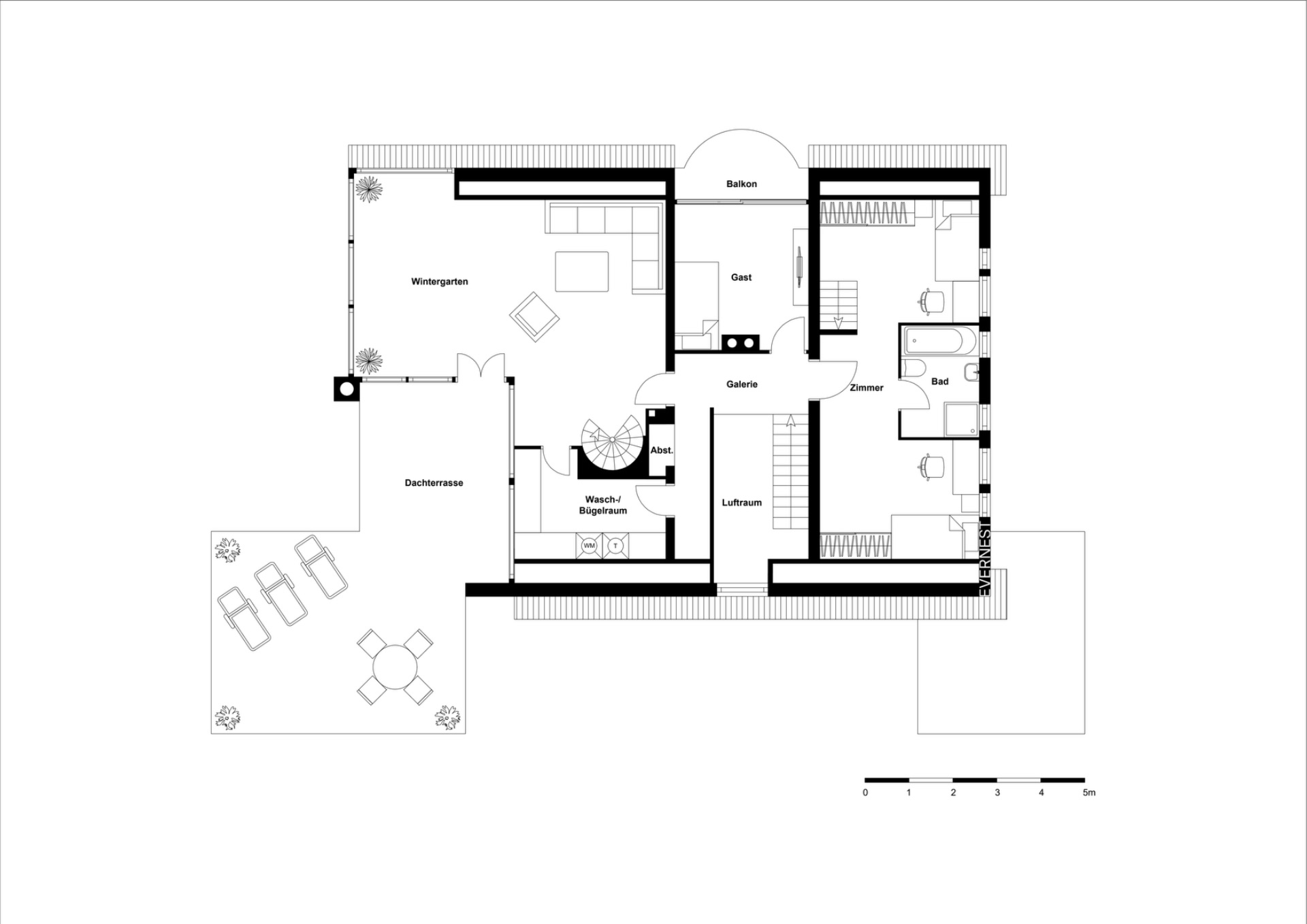 Grundriss einer Wohnung mit Wintergarten, Terrasse, Balkon, Bad, Zimmer und Wohnbereich.