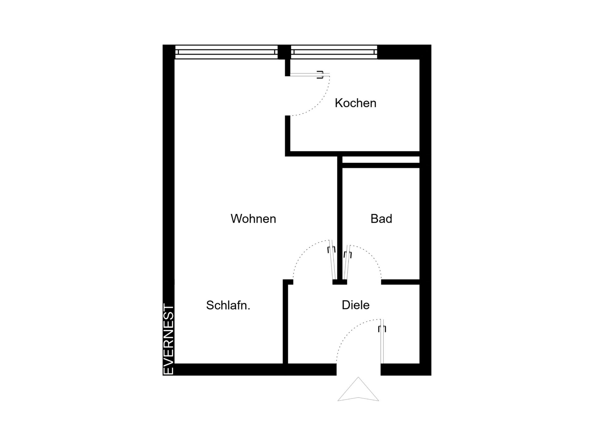 Grundriss einer Wohnung mit Wohn-, Schlaf-, Koch-, Bad- und Dielenbereich.